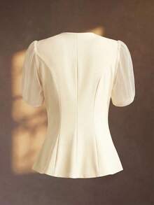 Blazer elegante y romántico para mujer con cuello en V, plisado y cintura ceñida - Albaricoque - Ver 4