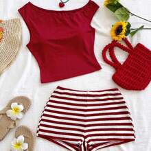 x Eduarda Gutierrez  Conjunto de 2 piezas para mujer con top corto de punto a rayas y shorts ajustados de tiro súper bajo, atuendo adecuado para vacaciones, fiestas, Navidad, San Valentín, citas, playa, crucero, carnaval, Pascua, Año Nuevo Chino - Caqui - Ver 1