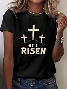 Women's T-Shirt "He Has Risen" - Black, Short Sleeve, Round Neck, Casual Style With Gold Cross Design, Spring/Summer Fashion, Comfortable Style, Religious Fashion, Printed, Everyday Wear - 黑色 - 查看 12