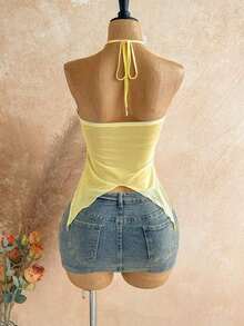 Camiseta asimétrica con decoración de conchas marinas, adecuada para vacaciones en la playa, verano - Amarillo - Ver 2