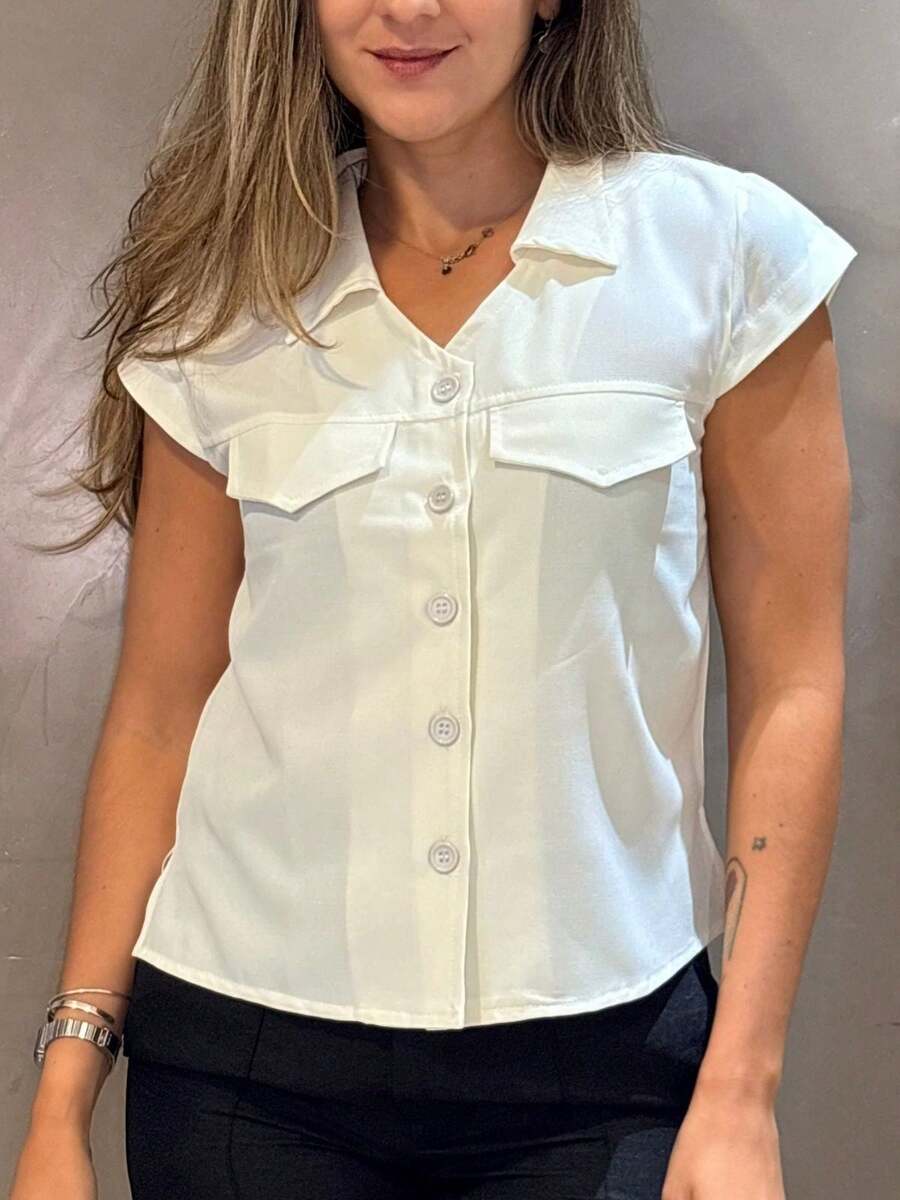 Women's Dress Blouse With Front Pocket, Short Sleeves, Impeccable Quality, Front Buttons - 米色 - 查看 1