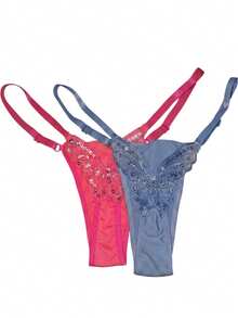 Butterfly Panties Kit 2 Microfiber Thong Lingerie Sexy Sensual Adjustable G-String - Rosa neón y azul claro - Ver 1