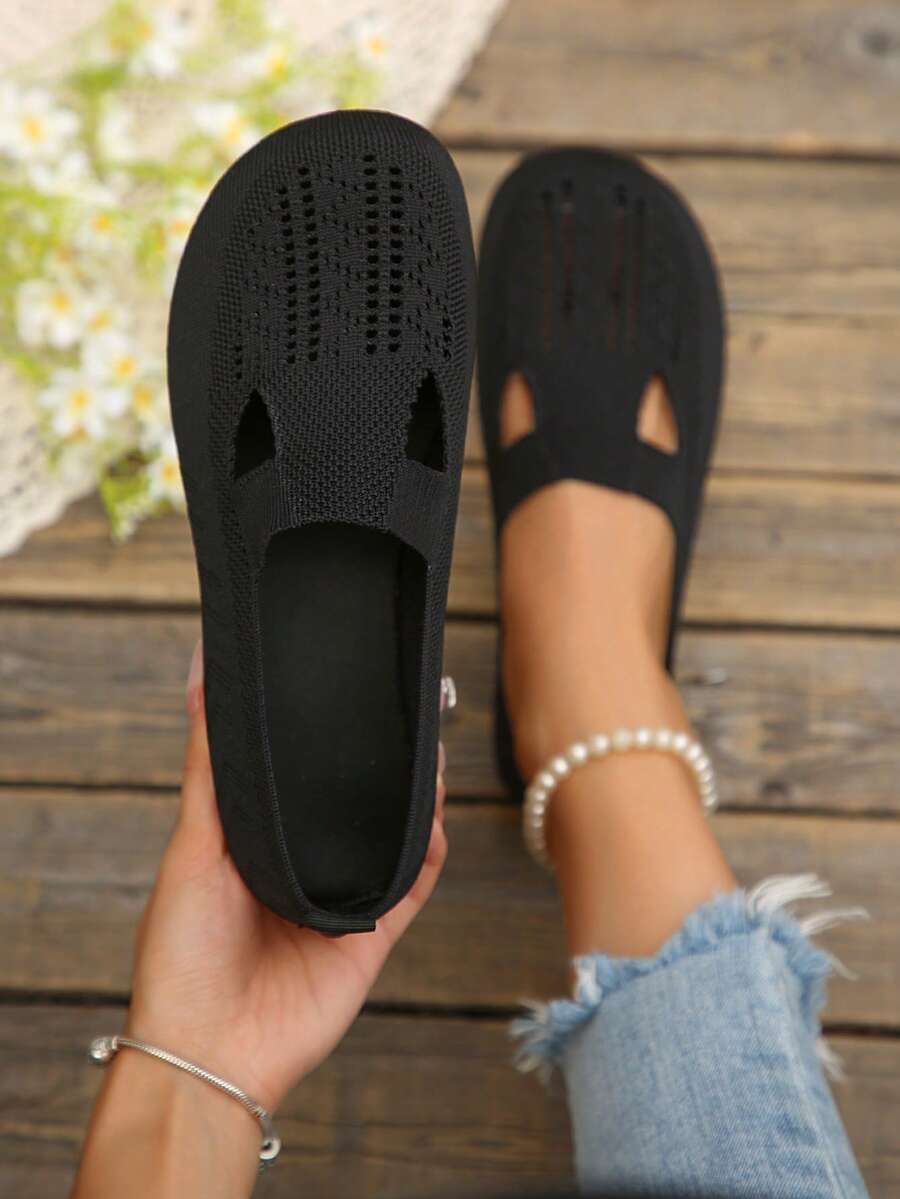 Women's All-Season Knitted Mary Jane Flat Shoes, Solid Color Slip-On Round Toe Shoes, Fabric Upper And Lining, Rubber Sole Supports Hand Wash - Black - View 1