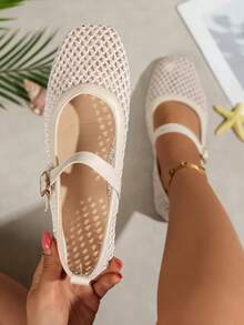 planare New Women's Fashion Woven Mesh Slip-On Shoes With Adjustable Strap Buckle Beige Summer Shoes Elegant Women's Shoes Comfortable Women's Shoes Ballet Shoes Mary Jane Shoes Cute Shoes Comfortable Women's Shoes Apartment Women's Apartment Black Shoes Elegant Women's Shoes Mary Jane Shoes Mules Shoes Summer Women's Shoes Summer Vacation Women's Shoes Mary Jane Women's Shoes Ballet Shoes Women's Shoes Comfortable Women's Shoes Cute Shoes Black Shoes - Beige - View 3