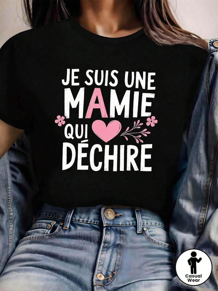 1 pieza, Camiseta de Mujer con Estampado Gráfico "JE SUIS UNE MAMIE QUI DECHIRE", Manga Corta, Cuello Redondo, Top Casual para Verano y Primavera, Ropa de Mujer, 180g, 100% Algodón, los diseños están impresos. Unisexo. - Negro - Ver 1