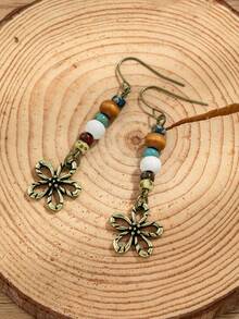 1 Pair Summer Bohemian Style Hollow Flower Pendant Picasso Bead Beaded Earrings, Suitable For Daily Commute And Vacation Wear - Multicolor - View 7