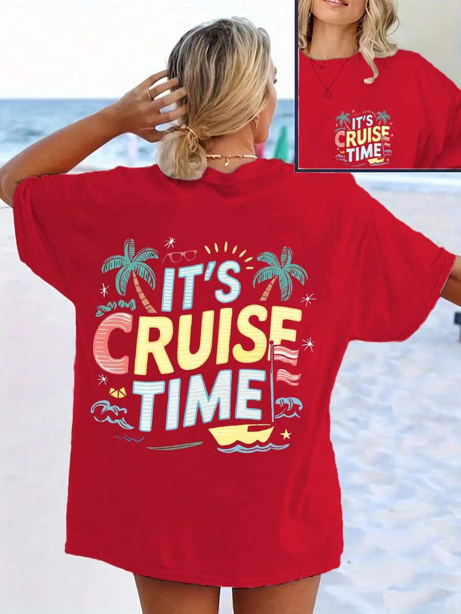 Women's Short-Sleeved T-Shirt With Round Neck, Front And Back Holiday Print, Casual Style For Spring/Summer, Comfortable And Versatile - 亮紅 - 查看 1