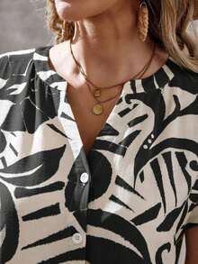 Vestido corto de mujer de un solo pecho con cuello muescado de estampado completo, estilo de vacaciones de verano - Negro - Ver 8