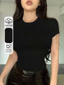 Camiseta de manga corta para mujer de ajuste ceñido, de cuello redondo y unicolor para el verano - Negro - Ver 7