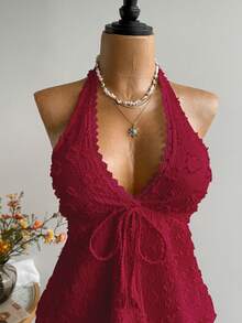 Rusttydustty Plus Size Women Textured Front Tie Halter Neck Top Summer - Red - View 6