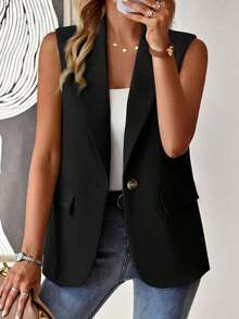 Blazer sin mangas de estilo elegante de color verde oliva para mujer, chaleco casual con solapa y botón en tela tejida lisa, corte regular - Negro - Ver 1