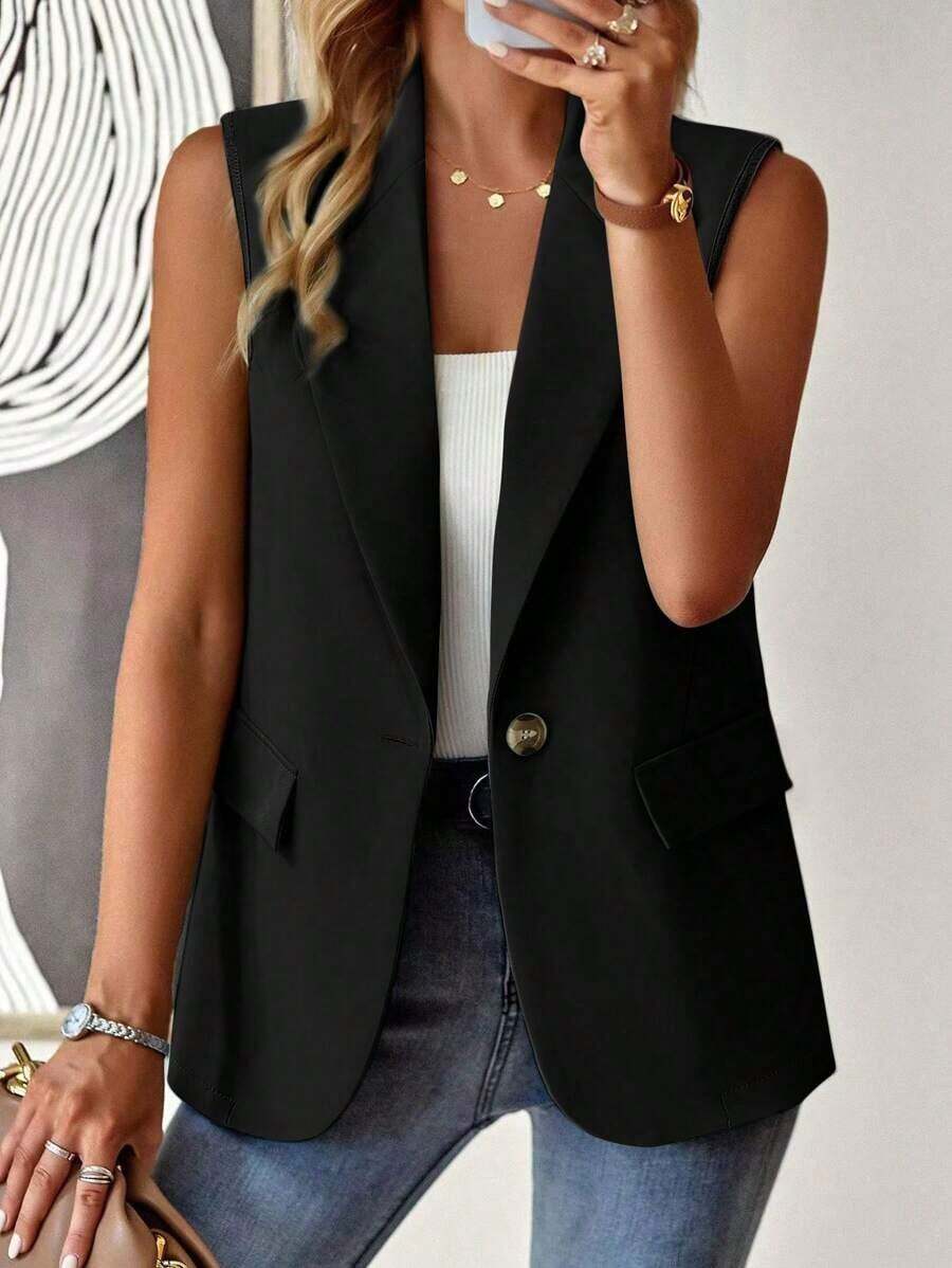 Blazer sin mangas de estilo elegante de color verde oliva para mujer, chaleco casual con solapa y botón en tela tejida lisa, corte regular - Negro - Ver 1