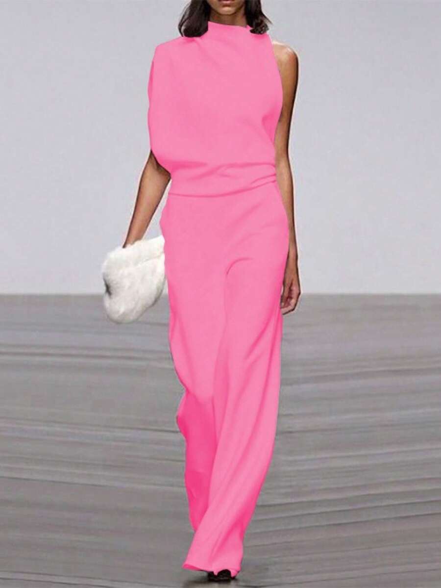 Color sólido, hombro apilado, collar unido, temperamento elegante, vestido de pantalón - Rosa - Ver 1