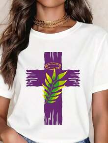 ropa de mujer Camiseta Blanca con Diseño de Cruz, Corona y Hoja de Palma para Pascua camisas de mujer - Blanco - Ver 6