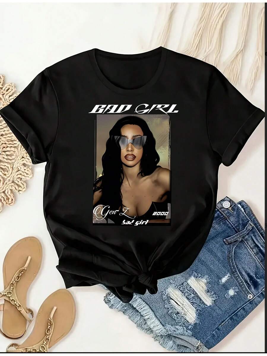Camiseta de Mujer con Estampado Gráfico - Diseño "BAD BOOGIE", Top Casual de Manga Corta y Cuello Redondo, Negra con Ilustraciones Blancas y Rojas, Perfecta para Primavera y Verano, Ropa Casual de Primavera| Top de Moda Atrevida| Diseño de Texto Elegante, Camisetas para Mujer Y2k, Camiseta, Camisa de - Blanco - Ver 1