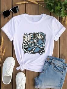 Camiseta Casual con Estampado Gráfico para Mujer, Diseño "Kinda Girl" con Jeans Azules y Perlas, Camiseta Holgada y Cómoda para Uso Diario, Top de Moda Primavera-Verano para Damas - Blanco - Ver 2