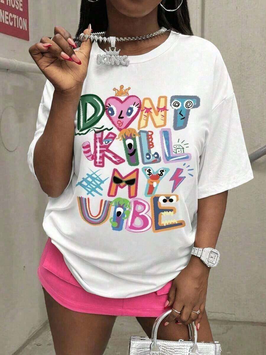 Women's 100% Cotton T-Shirts 20261Psc, "Don't Kill My Vibe" Graphic Print T-Shirt, 100% Cotton Oversized Casual Summer Tee, Mother's Day Outfit, Women's Y2K Clothing, Rock Concert Outfit, 2026 Letter Print Drop Shoulder T-Shirt, Women's Y2K Cotton Summer T-Shirt With Round Neck And Short Sleeves, Casual Street Style With Multiple Color Options. Bachelorette Party - White - View 1