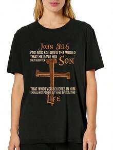 1 pieza Camiseta con estampado gráfico "Juan 3:16 Porque así amó Dios al mundo que dio Su hijo", cuello redondo, manga corta, camiseta casual a la moda, ajuste cómodo, lavable a máquina, para primavera y verano, ropa de mujer, 180g 100% algodón, los diseños están impresos. Unisexo. - Negro - Ver 1