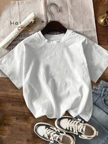 Camiseta con Estampado Gráfico, Manga Corta, Cuello Redondo, Estilo Casual para Verano y Primavera, Ropa de Mujer Y2k - Blanco - Ver 2