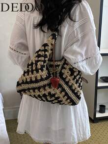 Dedoo 女士手工编织格子手提包，大容量（随机草莓吊饰和肩带） - 黑與白 - 查看 4