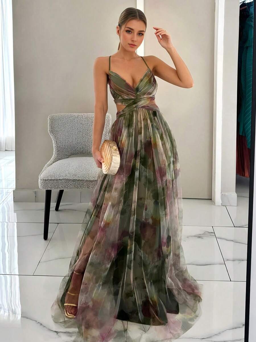 Women's Long Printed Tulle Dress With Spaghetti Straps, V-Neck, And Open Back-Perfect For Parties, The Beach, And Vacations Wedding - Green - View 1