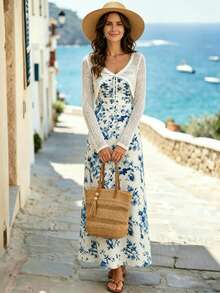 European And American Style Blue And White Porcelain Print Camisole Maxi Dress + Hollow-Out Knit Cardigan 2-Piece Set, Vacation Vibe Slimming Outfit Suitable For Casual Daily And Commuting Wear - Mixed Colors - View 5