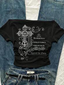 Camiseta de manga corta ajustada con hombros descubiertos y pliegues en la cintura, con estampado de limón, adecuada para el verano - Negro - Ver 4