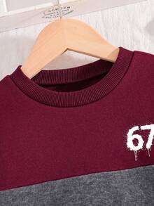 Tween Boy Letter Graphic Color Block Warm Crew Neck Sweatshirt And Pants Set - Burgundy - View 4