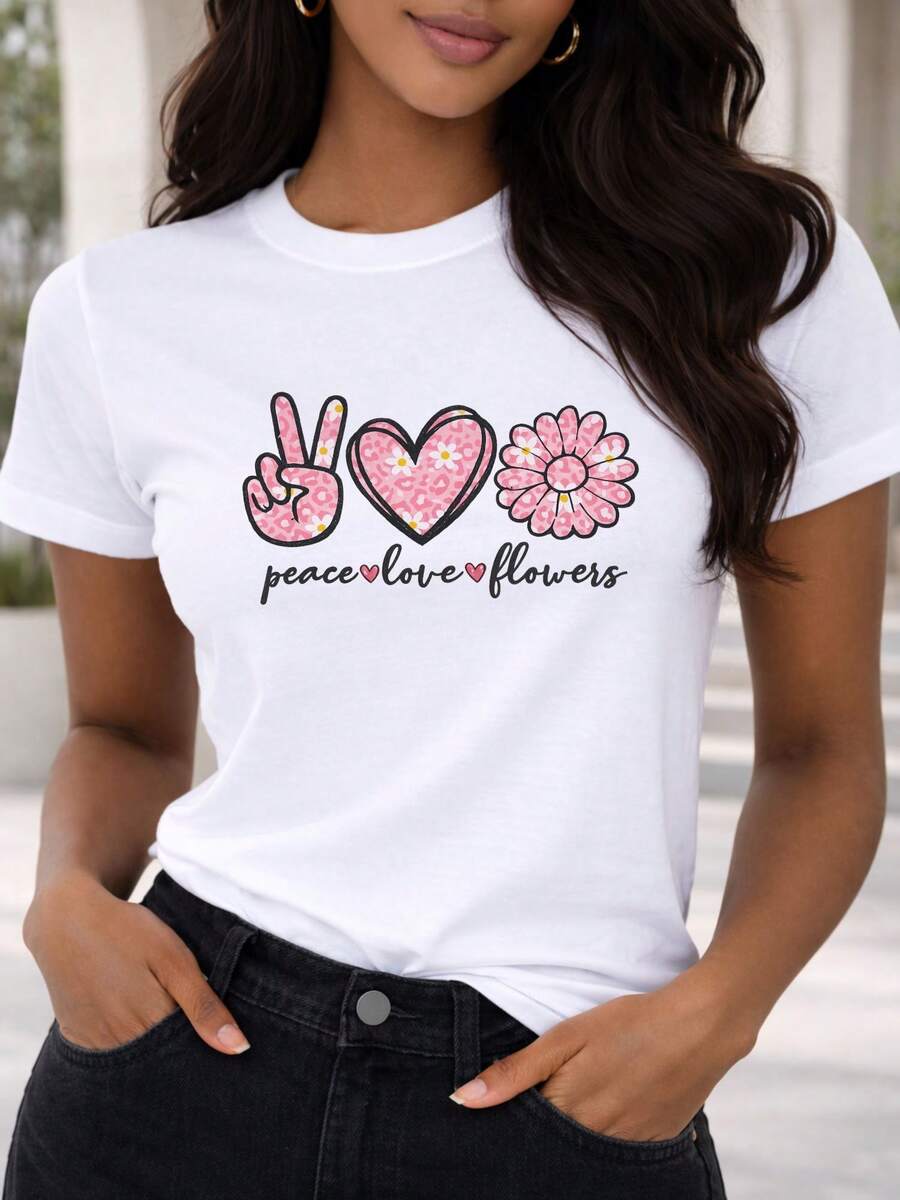 Soft 100% Cotton T-Shirt, Casual Women's T-Shirt With Cursive Lettering, Retro, Peace Symbols, Love And Flowers, Leopard Print, Heart, Breathable Cotton T-Shirt, Matches Everything, Cool. - 白色 - 查看 1