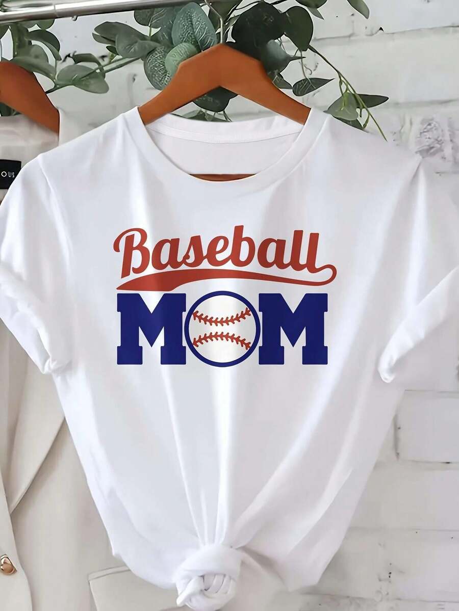 Camiseta de Mujer con Estampado Gráfico de Béisbol y Letras, Manga Corta, Cuello Redondo, Estilo Casual para Primavera y Verano, Mezcla de Poliéster, Creativa, Moda Y2k - Negro - Ver 1