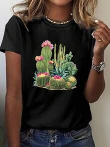 Women's Unisex T-Shirt With A Vibrant Cactus And Succulent Print. | Short-Sleeved, Crew Neck, Casual Style, Medium Stretch, Machine Washable, Suitable For All Seasons, Comfortable And Casual For Summer And Spring. - White - View 8