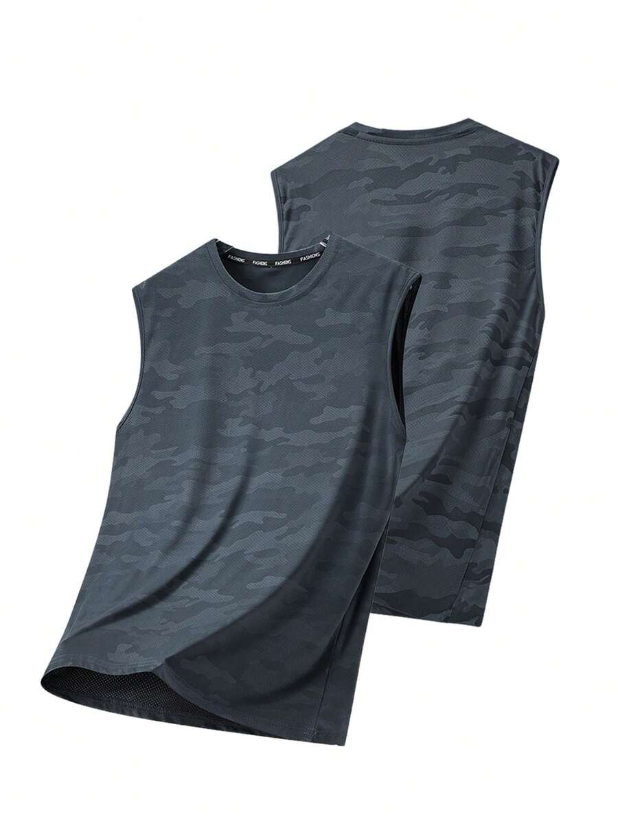 Herren Mehrfarbiges Camouflage Tanktop, Rundhals Atmungsaktives Mesh Weste, Schnelltrocknendes Sport Tanktop für Fitness & Training - Dunkelgrau - Übersicht 1