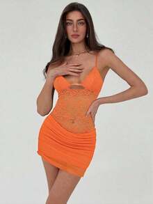 Nuevo vestido camisero romántico y sexy con cuello en pico, contraste de malla brillante y shorts, mini vestido anti-destellos - Naranja - Ver 5