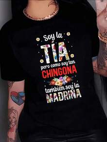 Frase divertida que celebra a la tía con flores coloridas y mensaje empoderador que también es madrina camiseta de mujer 100% algodónPure-Cotton - Negro - Ver 1