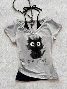 Camiseta de mujer casual de cuello en V retro, con atar, de manga corta y contraste de color, adecuada para el verano - Gris Claro - Ver 10