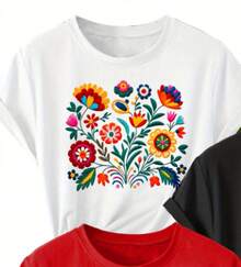 Serie de estampados florales botánicos creativos y vibrantes, pieza única, no es un conjunto de 3 piezas. Disponible para familiares, amigos y hermanas.Camiseta de verano para mujer, estilo vintage y a la moda, informal y deportiva, de cuello redondo y manga corta, disponible en varios colores. Camiseta holgada, casual y versátil. - Blanco - Ver 4