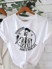 1 Women's Graphic T-Shirt "Surviving Dance Mom Life" - Casual White Polyester T-Shirt With Fun Skeleton Design, Perfect For Dancer Moms, Gifts And Y2k Casual Outfits. - 白色 - 查看 1