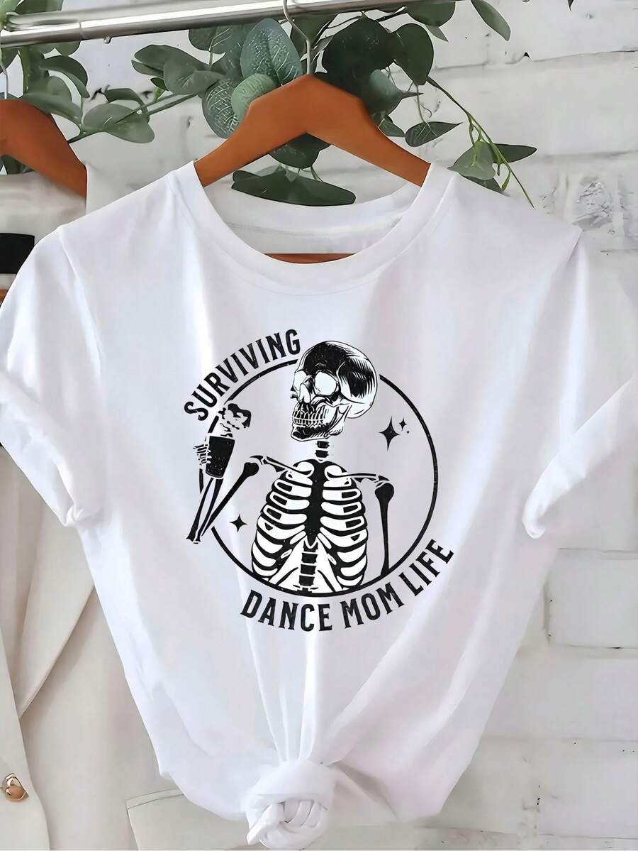 1 Women's Graphic T-Shirt "Surviving Dance Mom Life" - Casual White Polyester T-Shirt With Fun Skeleton Design, Perfect For Dancer Moms, Gifts And Y2k Casual Outfits. - 白色 - 查看 1