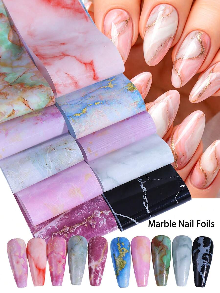 大理石纹彩色美甲贴纸 10张 粉色蓝色大理石纹美甲贴纸 全覆盖金色箔纸美甲贴花 DIY美甲用品 - 彩色 - 查看 1
