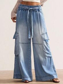 Pantalones anchos y sueltos de mezclilla tejida de unicolor casual - Azul - Ver 6