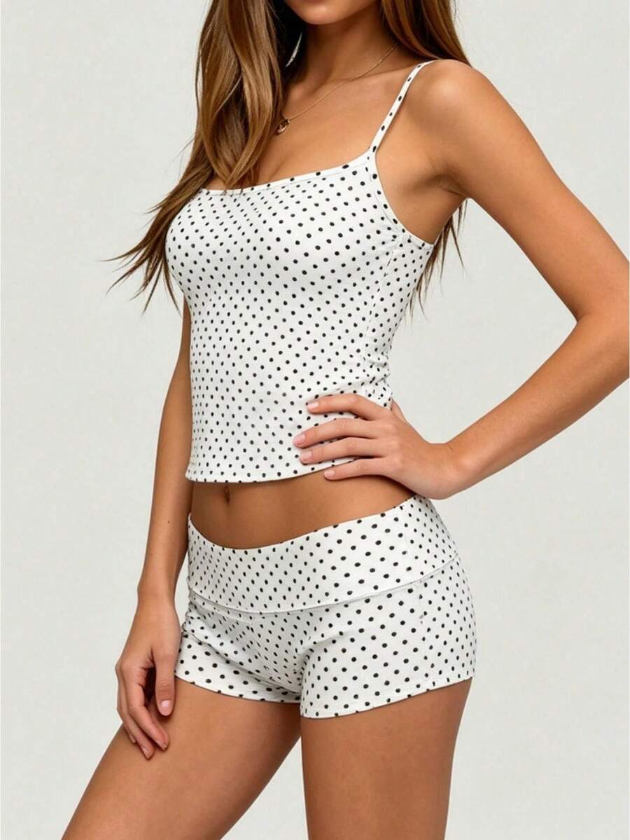 Conjunto de ropa de descanso de verano para mujer: top sin mangas con tirantes y shorts con cintura elástica. Pijama de dos piezas con estampado de rosas claras. - Blanco - Ver 1