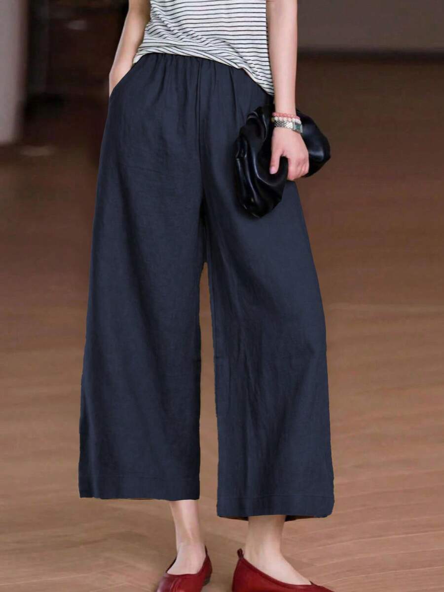 Damen Sommer lässig Boho Stil einfarbige Hose mit elastischem Bund, Taschen und weitem Bein aus Leinen - Königsblau - Übersicht 1