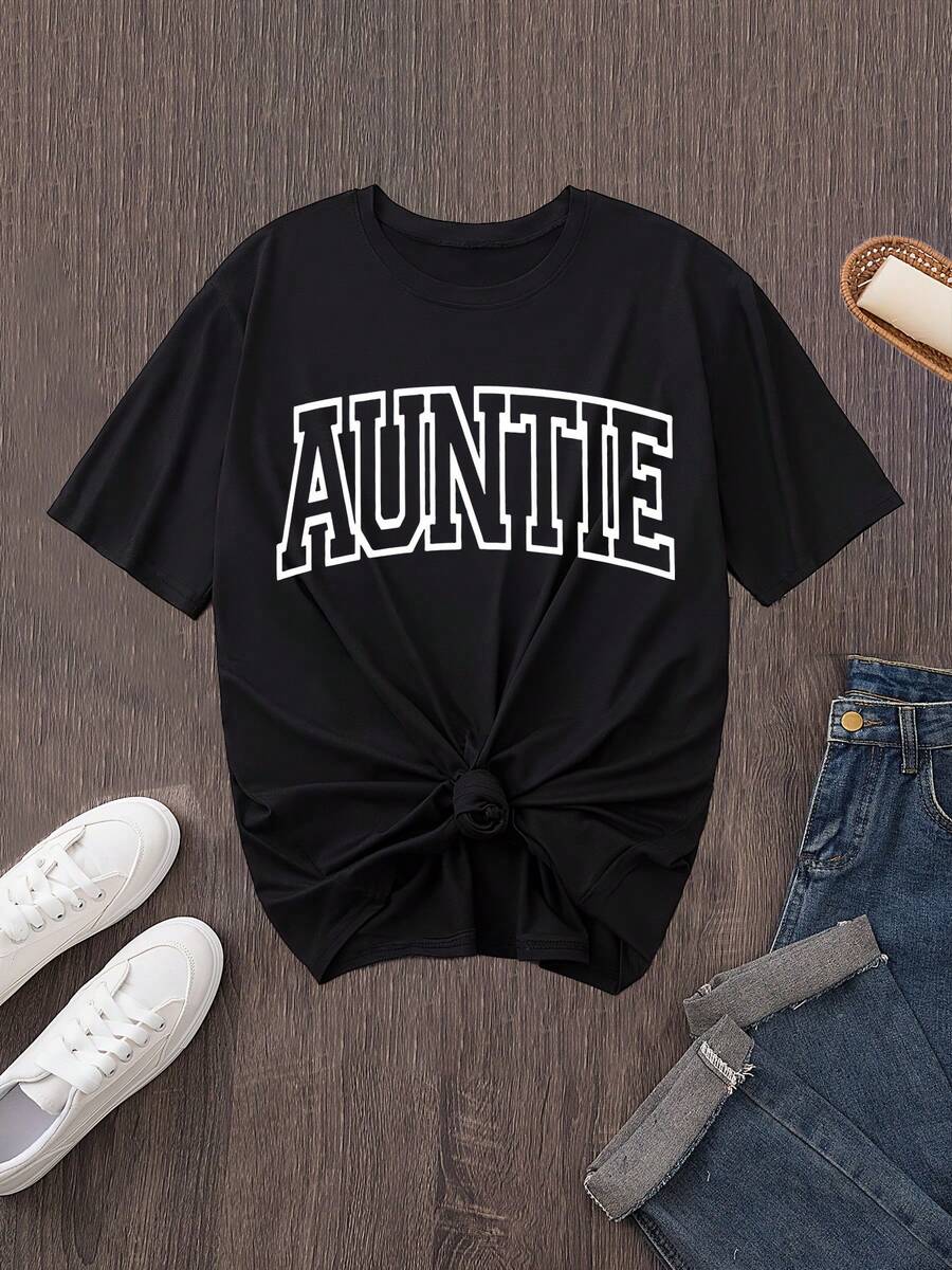 Talla grande, camiseta de mujer con estampado de letras AUNTIER, talla grande, cuello redondo - Negro - Ver 1