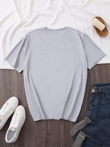 Fashionable T-Shirt With Print And Round Neck, Short Sleeves, Plus Size, Women's Clothing, Women's Garments - 淺灰色 - 查看 2