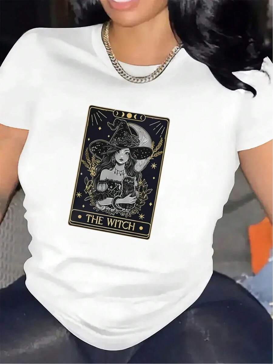 Polyester Short-Sleeved T-Shirt With Durable Tarot Card Design, Perfect For Home Decor Or Restaurant Use, Lightweight And Comfortable, Ideal Gift For Occult Enthusiasts, Stylish And Unique Graphic T-Shirt. - White - View 1