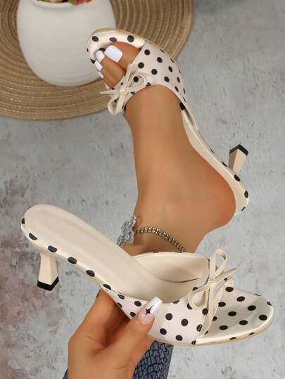 Beige Polka Dot Summer New Open Toe Bow Decor High Heel Sandals, Versatile Minimalist Chunky High Heels Suitable For Women, Pair With Dresses For Valentine's Day