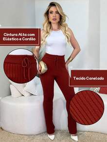 Women's Slim Fit Ribbed Knit Pants With High Waist And Adjustable Drawstring, Casual, Autumn/Winter Knitwear - Krem Gelap - View 2