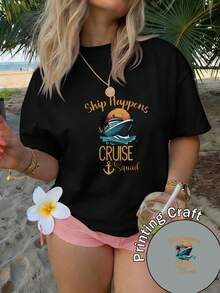 Women's Short-Sleeved T-Shirt, 100% Polyester, Round Neck, Romantic Print Of Letters And French-Style Desserts, Casual Style, Machine Washable, Summer 2026, Ideal For Travel And Everyday Wear - 黑色 - 查看 6