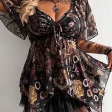 Whyspr Plus Size Square Collar Cinched Waist Asymmetric Hem Blouse - Multicolor - Ver 7