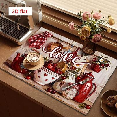 1pc Dish Drying Mat, Coffee Machine Mat, Checkered Fabric With Vintage Red Teaware, Cherry And Floral Pattern, Cozy Farmhouse Style Kitchen & Dining Decor, Multipurpose Drainage Mat, Household Gift, Tabletop Decoration